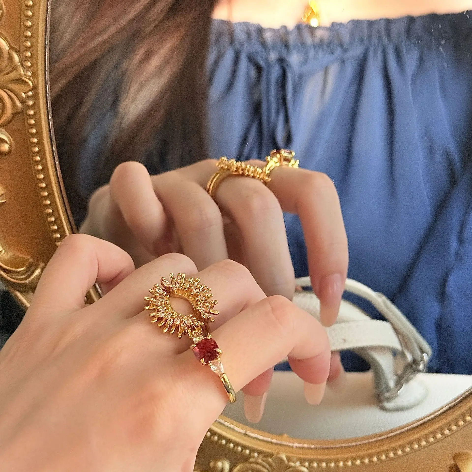 Vintage fine light luxury full diamond flower rings for women adjustable elegant ruby ring two-piece sets wedding jewelry