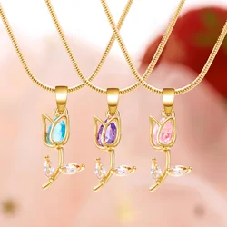 Light Luxury Zircon Tulip Pendant Necklace for Women Elegant Flower Clavicle Chain Necklace Sweet Girl Jewelry Accessory Gift