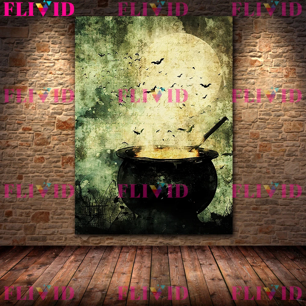 Pagan Witch Poster Print Decor,Swarms Of Bats,Creepy Spiders,Witch,Cauldrons Bubbling With Eerie Potions,Gothic Wall Art Print