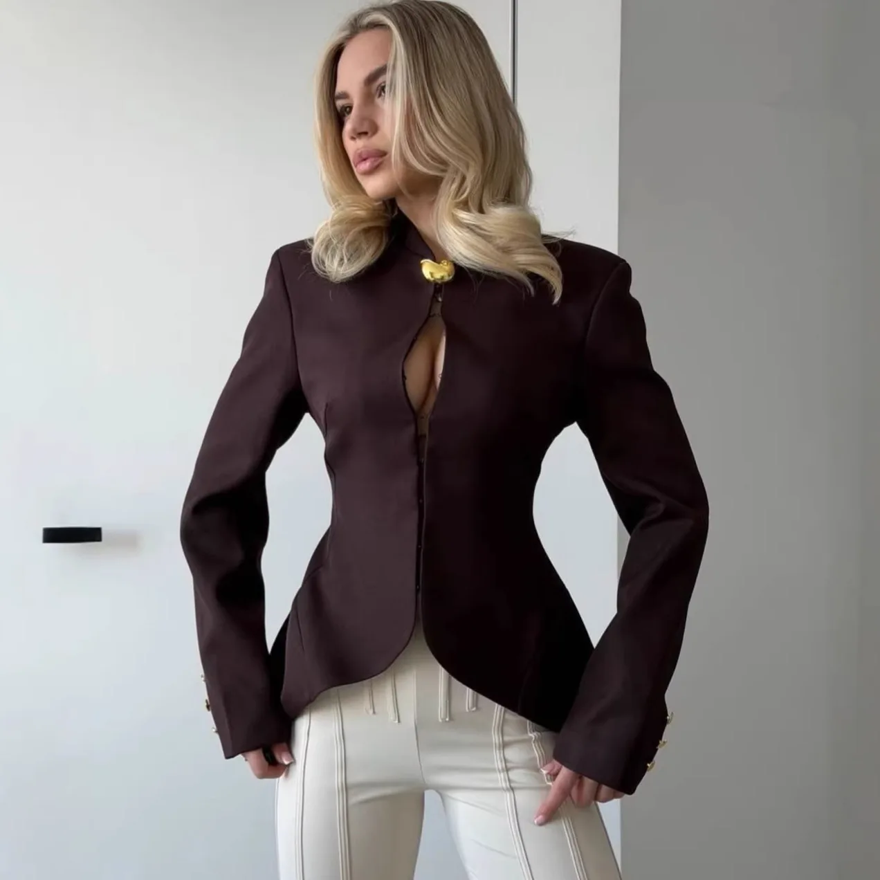 Women's Stand Up Collar Fashionable Hollow Solid Color Metal Button Slim Fit Sports Jacket Long Sleeved Elegant Office Jacket