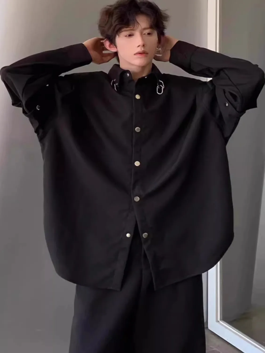 

Bla Long Sve Men's irt Trendy Street Sle Loose Fit Hairst Approved High-End Feel Polyester Breathable Youthful