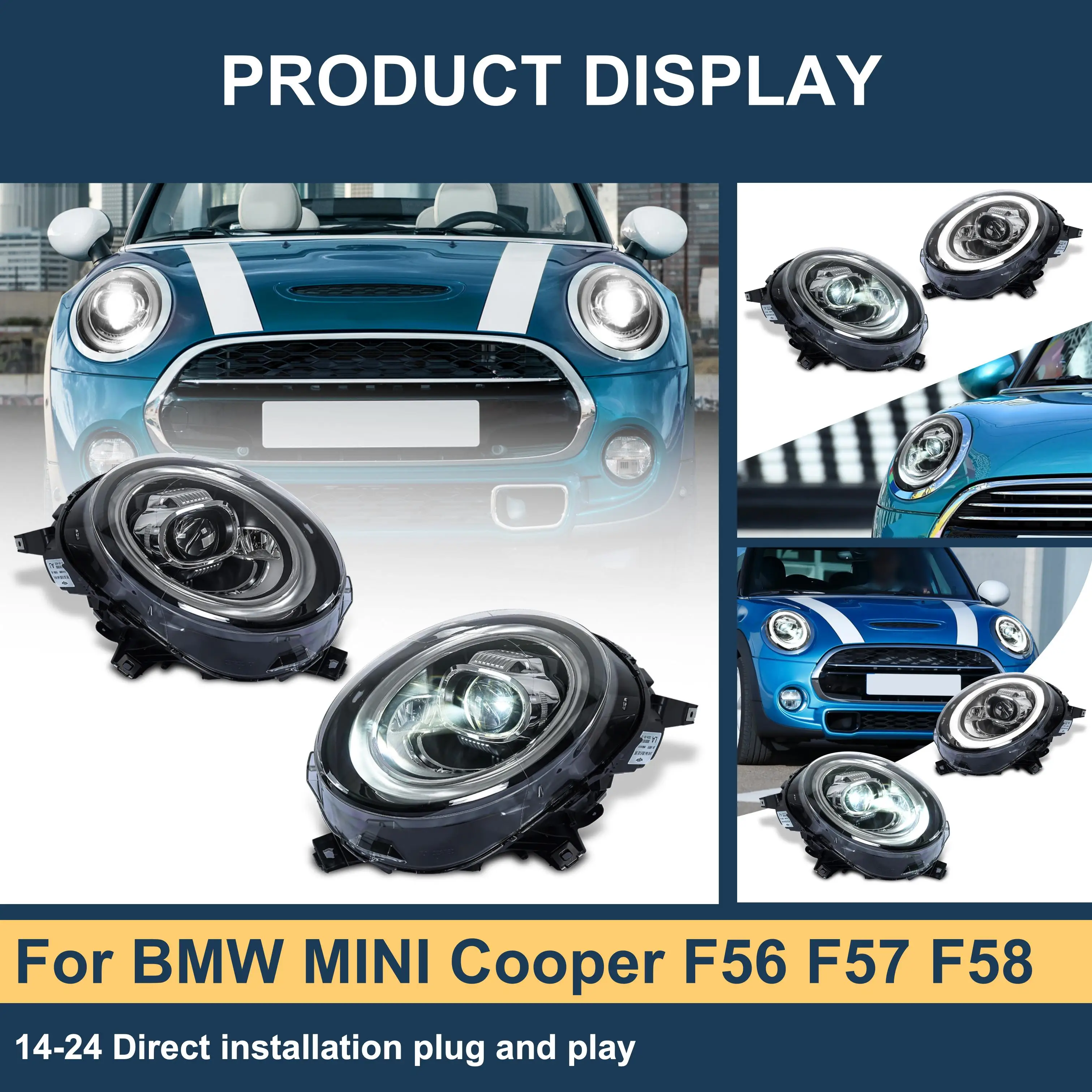 J ONE Halo Ring DRL LED Headlight for BMW MINI Cooper F56 F57 F58 2014-2024 Retrofit Pair