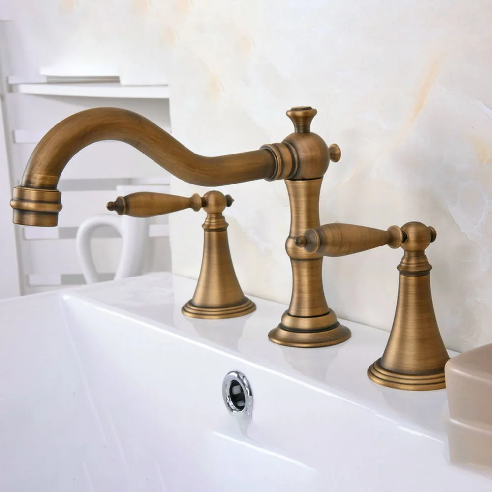 

Basin Faucets Antique Brass Bathroom Kitchen Basin Mixer Tap Sink Faucet Dual Handles 3 Pcs Basin Faucet zan087