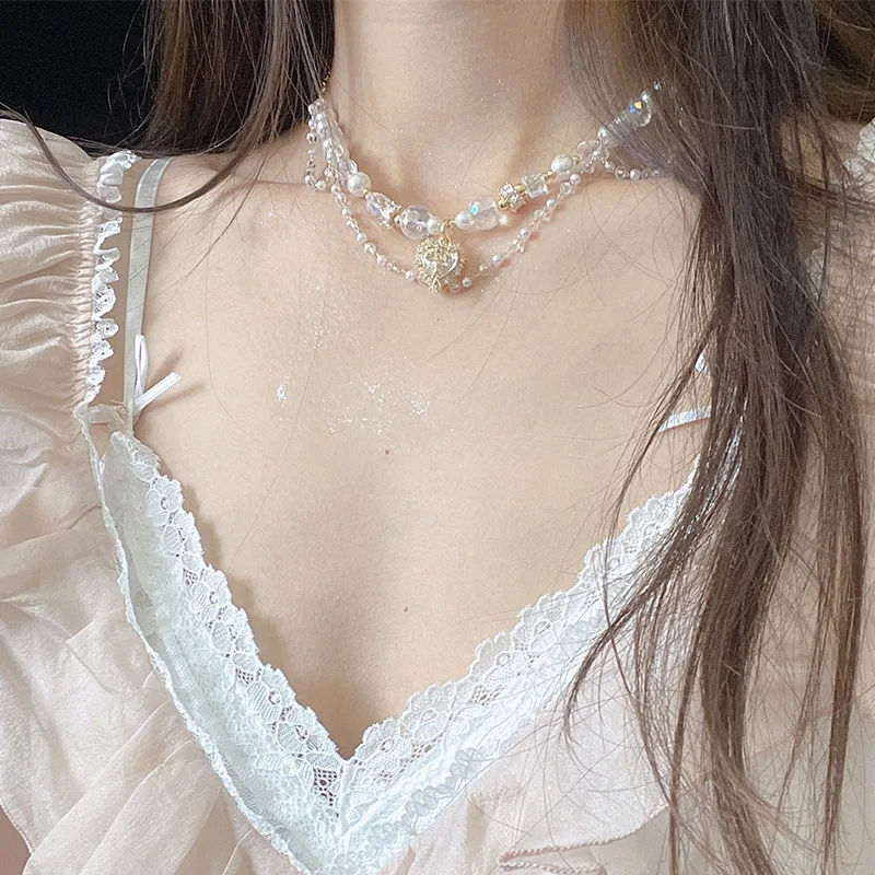 Kalung Mutiara Busur Cinta Manis Aksesori Perhiasan Kalung Modis Anak Perempuan Rantai Tulang Selangka Temperamen Segar Gaya Korea