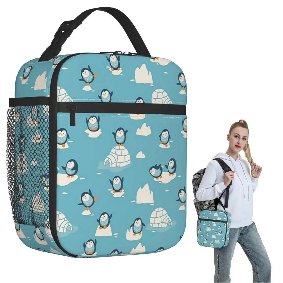 Cute Penguin And Ice Snow Pattern Insulated Lunch Bag for Women Children Portable Food Boxes Thermal Lunch Box Tote