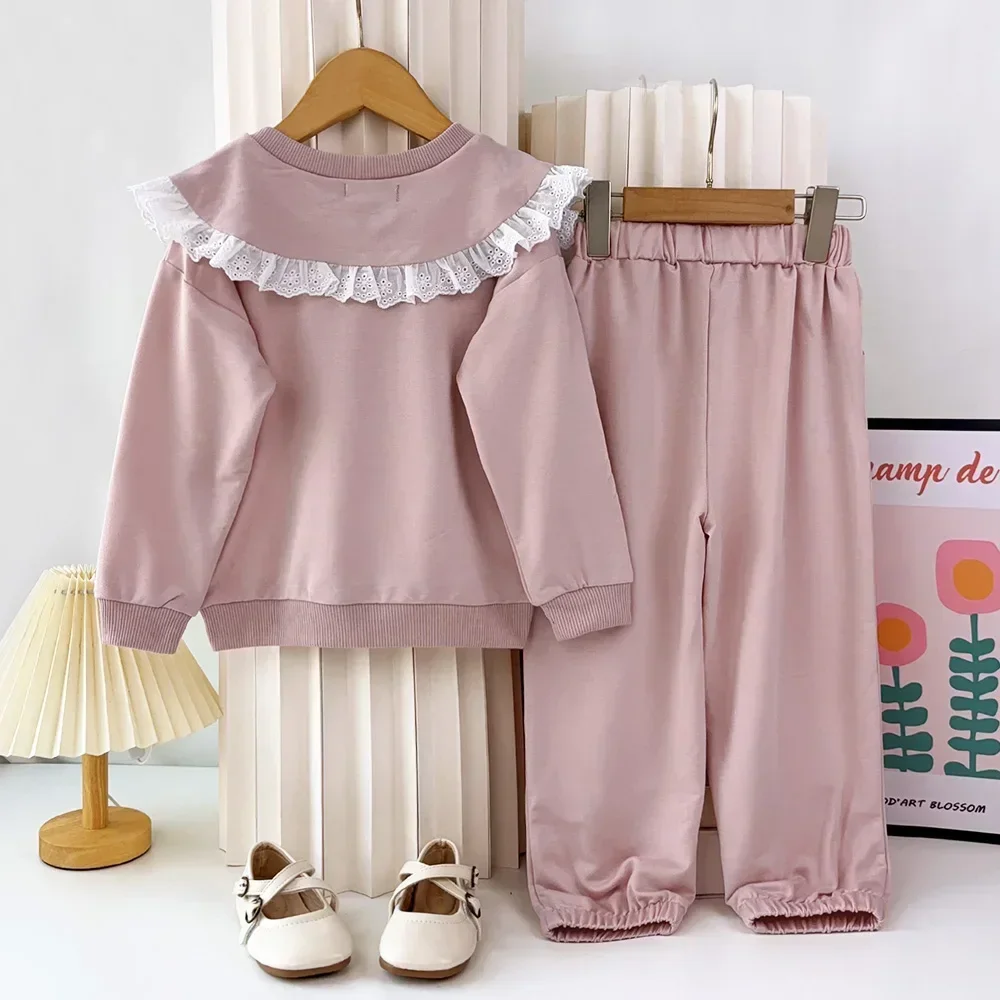 Autumn Sweatshirt Sets Kids Clothes Girls Outfits Pink Lace Doll Collar Long Sleeved Top+wide Leg Pants 2-piece Set