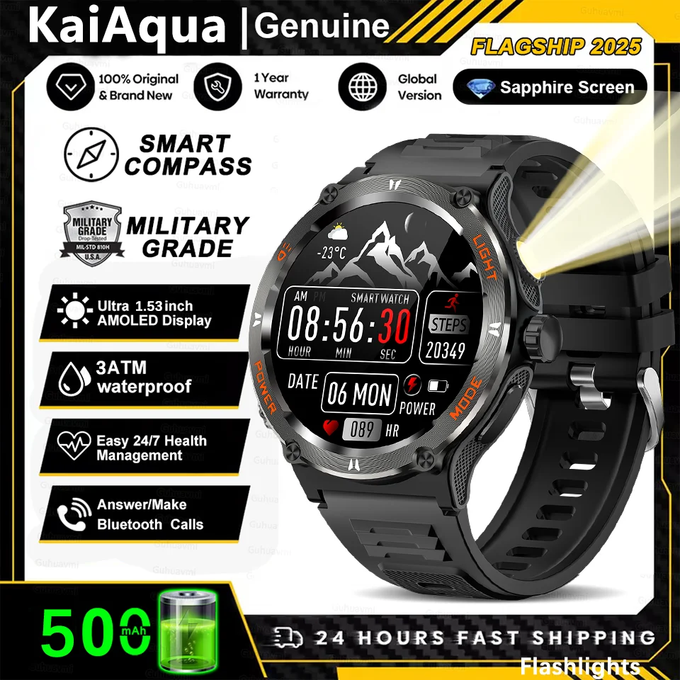 

Новые умные часы 3ATM, водонепроницаемые, 1.53 дюйма, KT76, мужские, спортивные, с компасом и LED-фонариком, анализом сердечного ритма и сна, Bluetooth-звонками.