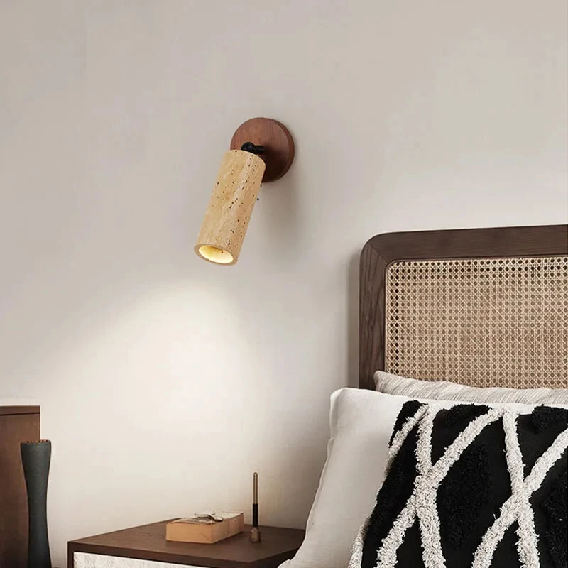 Adjustable Travertine Wall Sconce, Natural Stone Cylinder Spotlight Wall Lamp for Bedroom Living Room