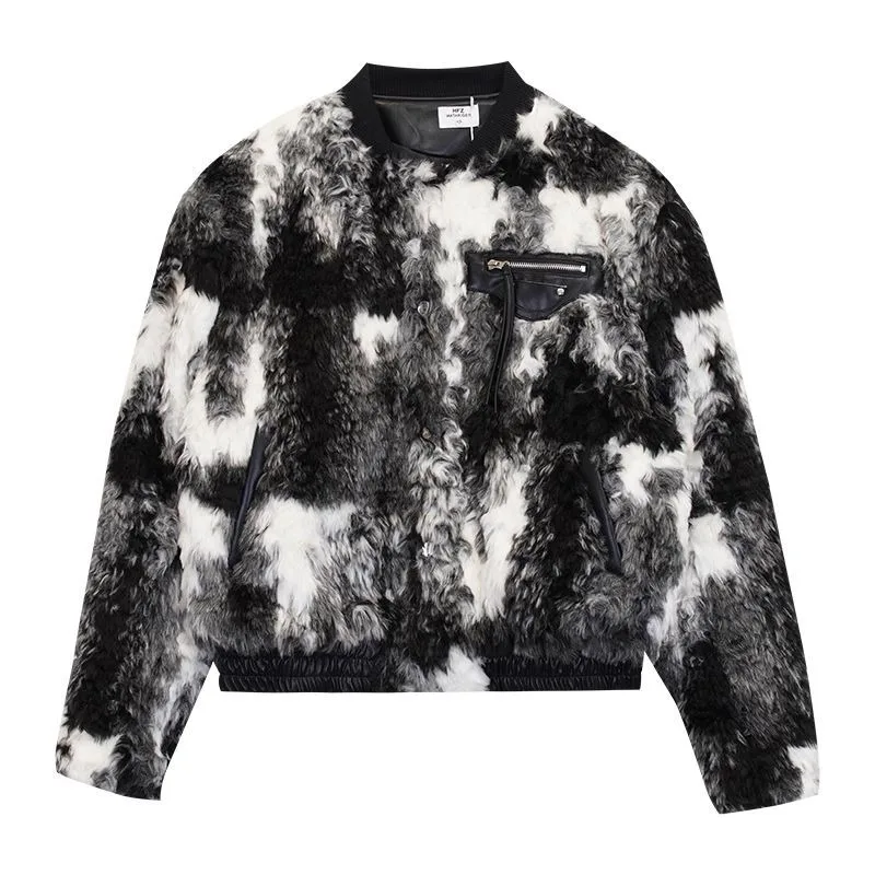 

2024 New Trendy Brand Niche Tie Dye Artistic Design Feeling Lamb Wool Mixed with Cotton Color Blocked High-end Jacket for Men