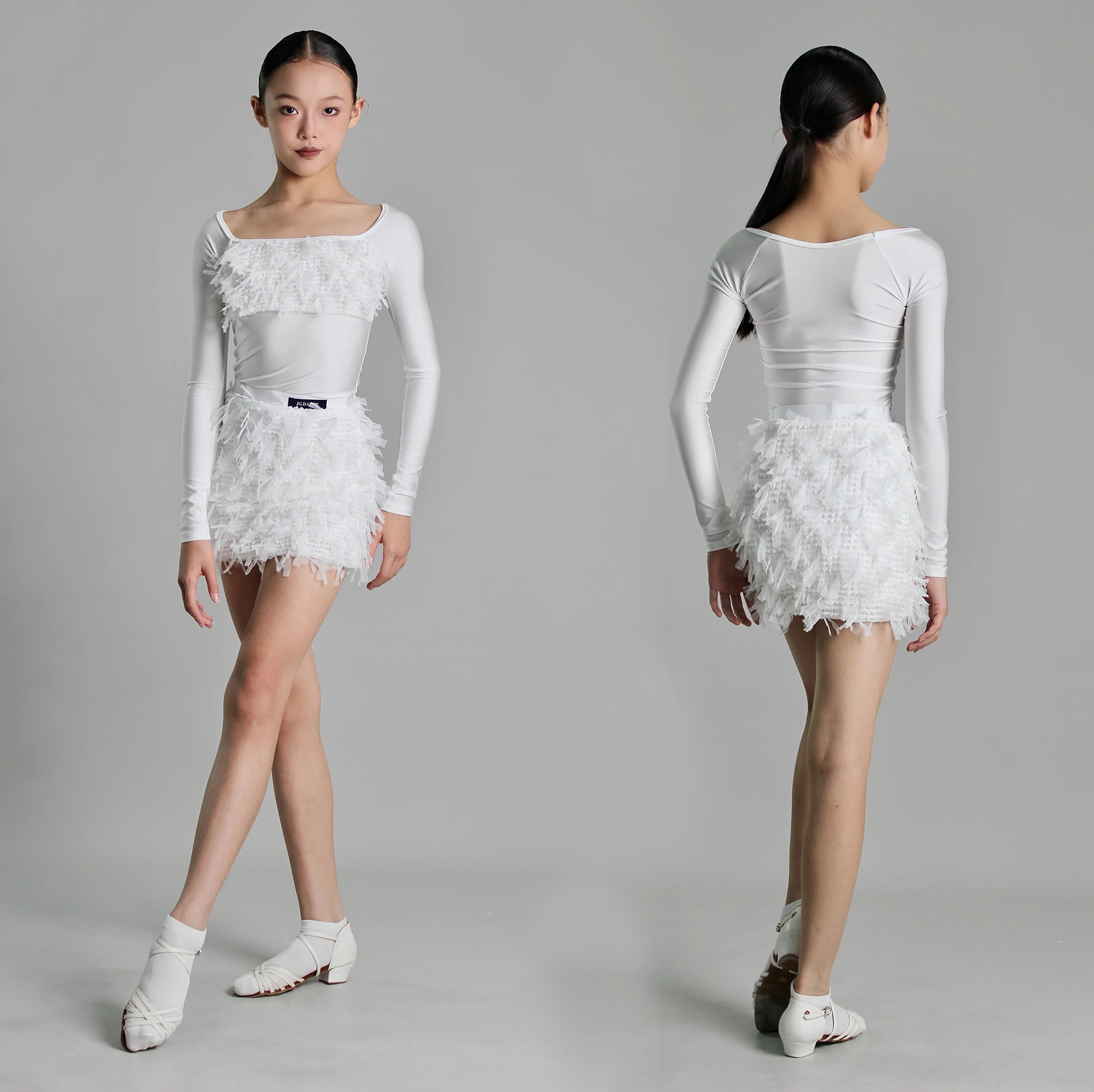 2025 meninas vestido de dança latina desempenho traje malha manga longa barco pescoço saia superior crianças competição usar roupas dql12096