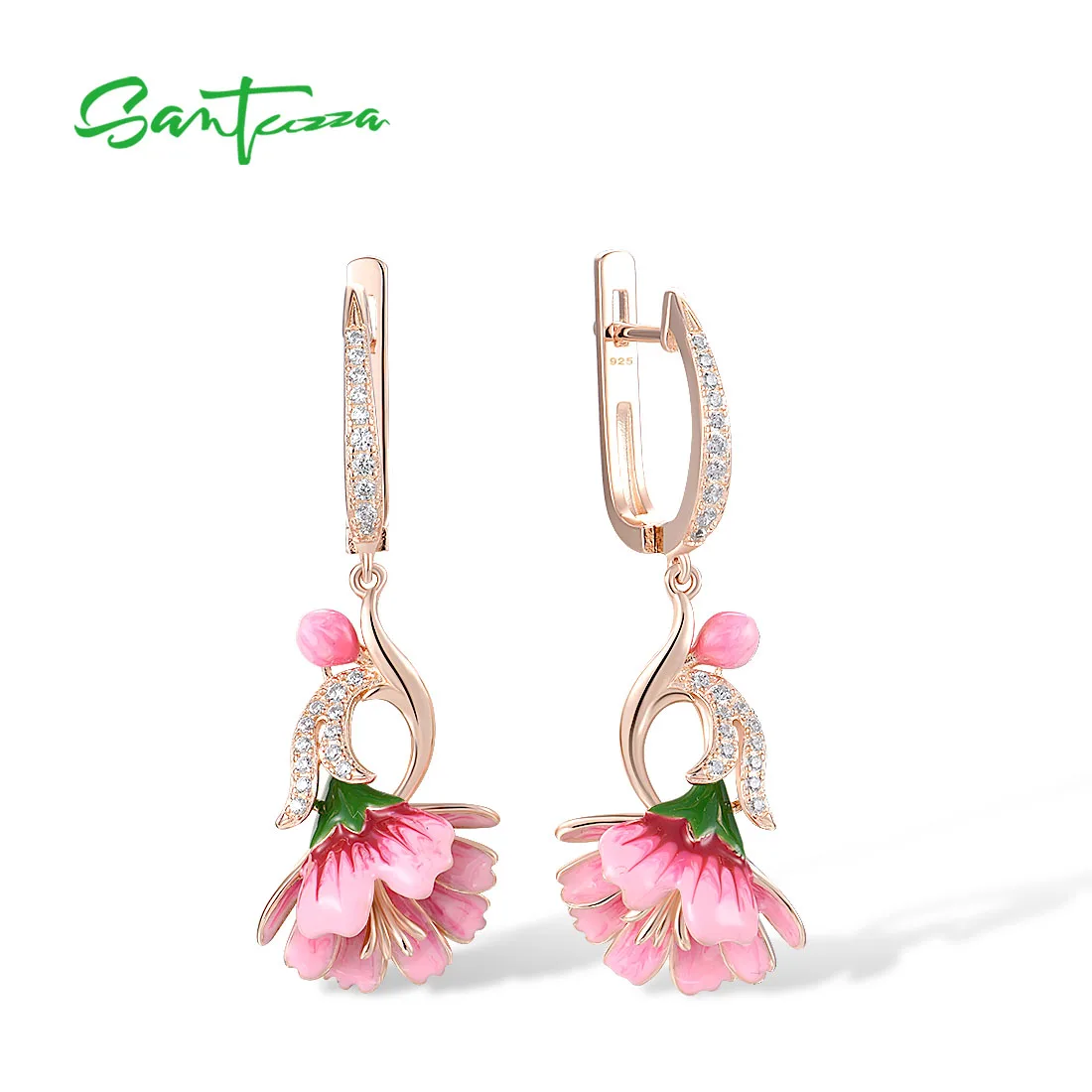 SANTUZZA Pure 925 Sterling Silver Dangling Earrings For Women White Cubic Zirconia Pink Enamel Flower Fine Charming Jewelry