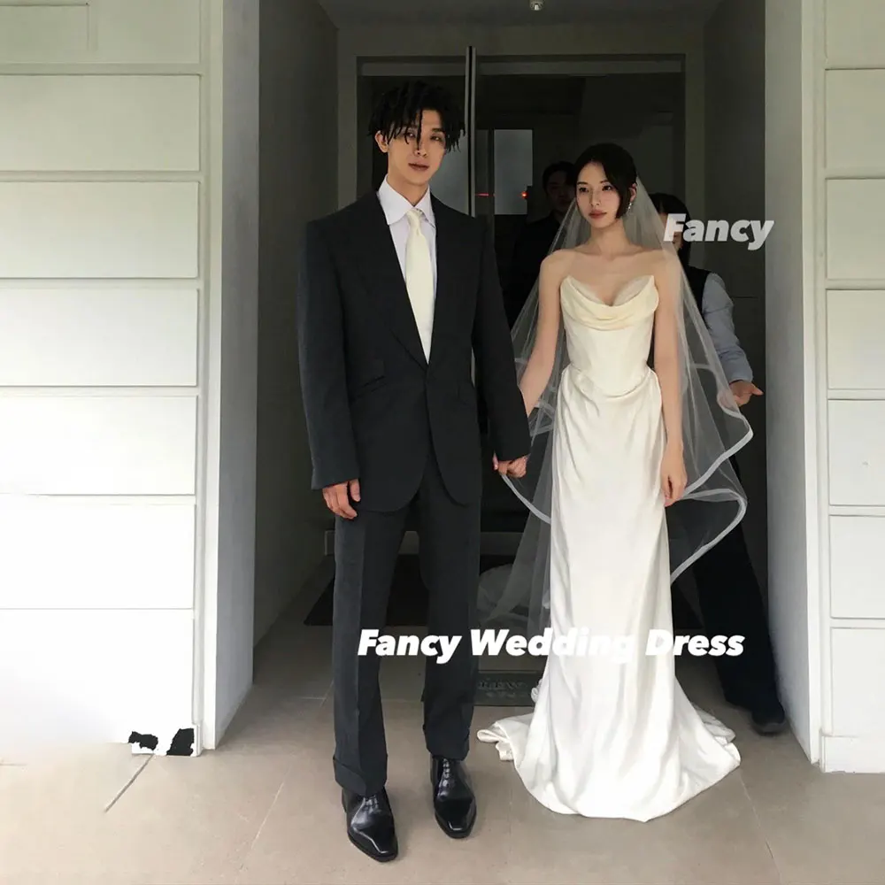 Fancy Elegant Off Shoulder Wedding Dress Korea Photo Shoot Long Sleeve Pleats Bridal Gown Floor Length Customzied
