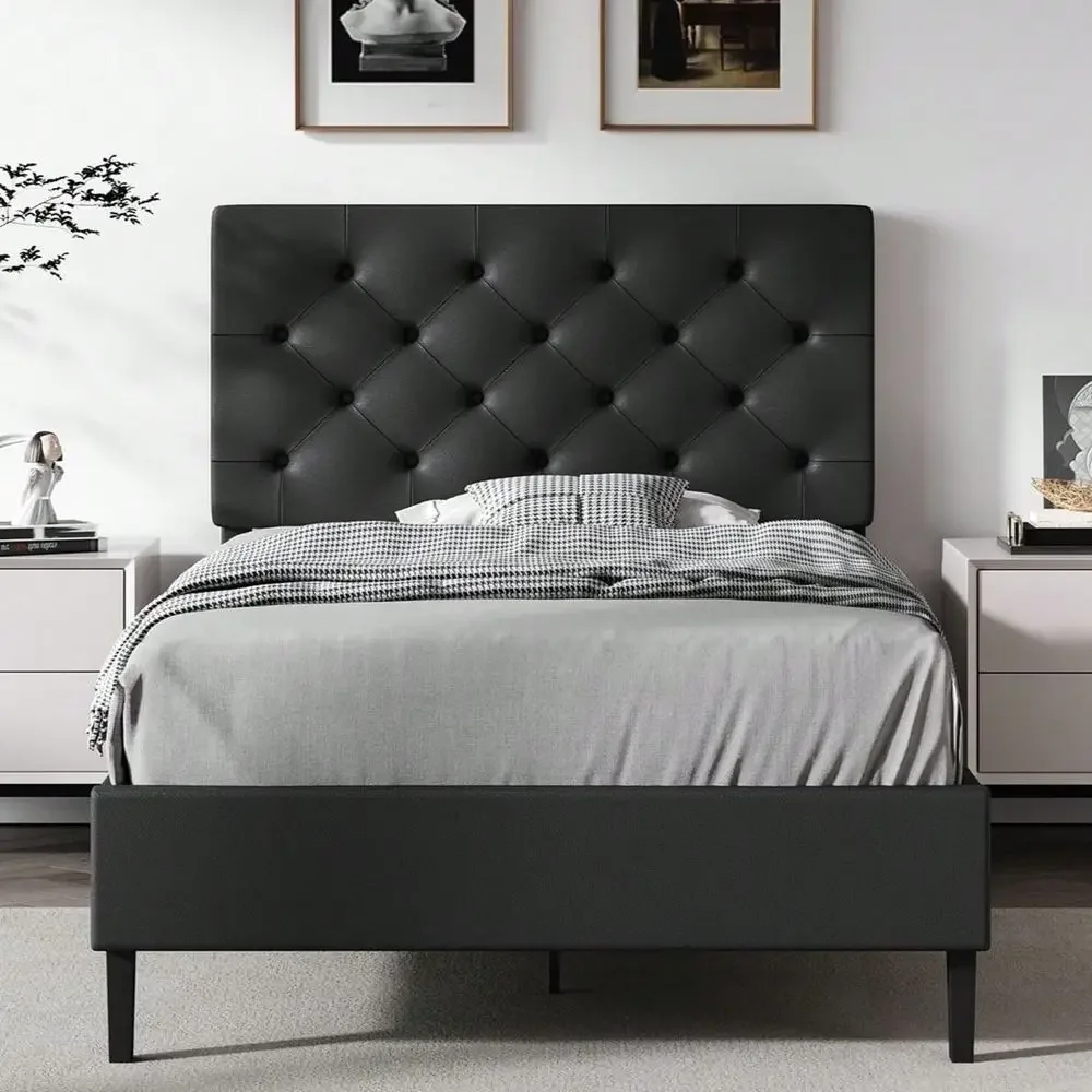 Bed Frame With Button Tufted Headboard, Faux Leather Upholstered Platform Bed With Adjustable Headboard, No Box Spring Needed,