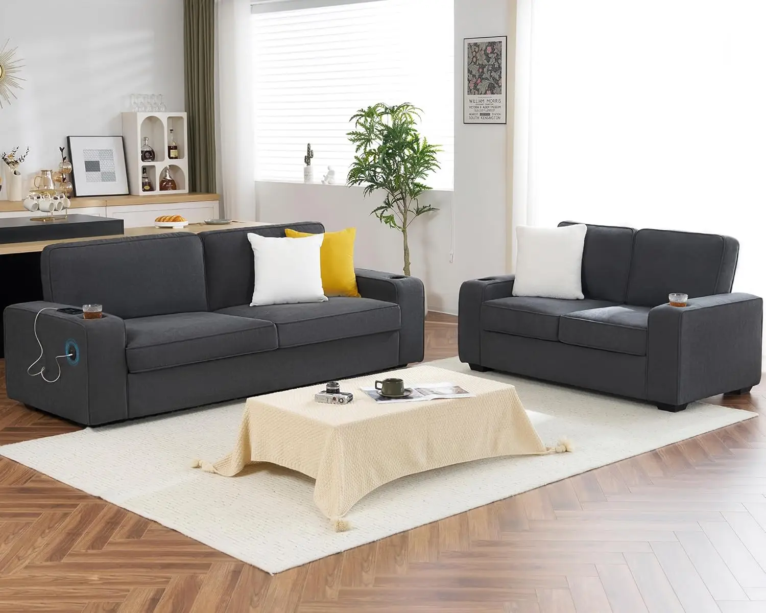 Vanacc Sofa, 2 Piece Set, 3 Seater Sofa And Loveseat With Cup Holders & Usb Charging Ports, Modern Couches For Living