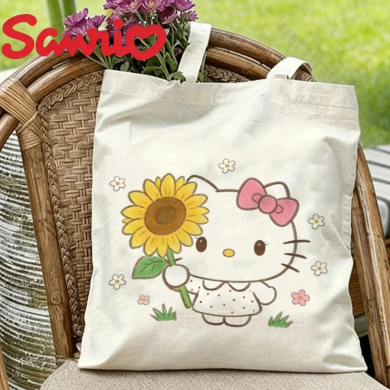 

1 шт. холщовая сумка-тоут с изображением Hello Kitty и подсолнуха, экологичная многоразовая сумка через плечо
