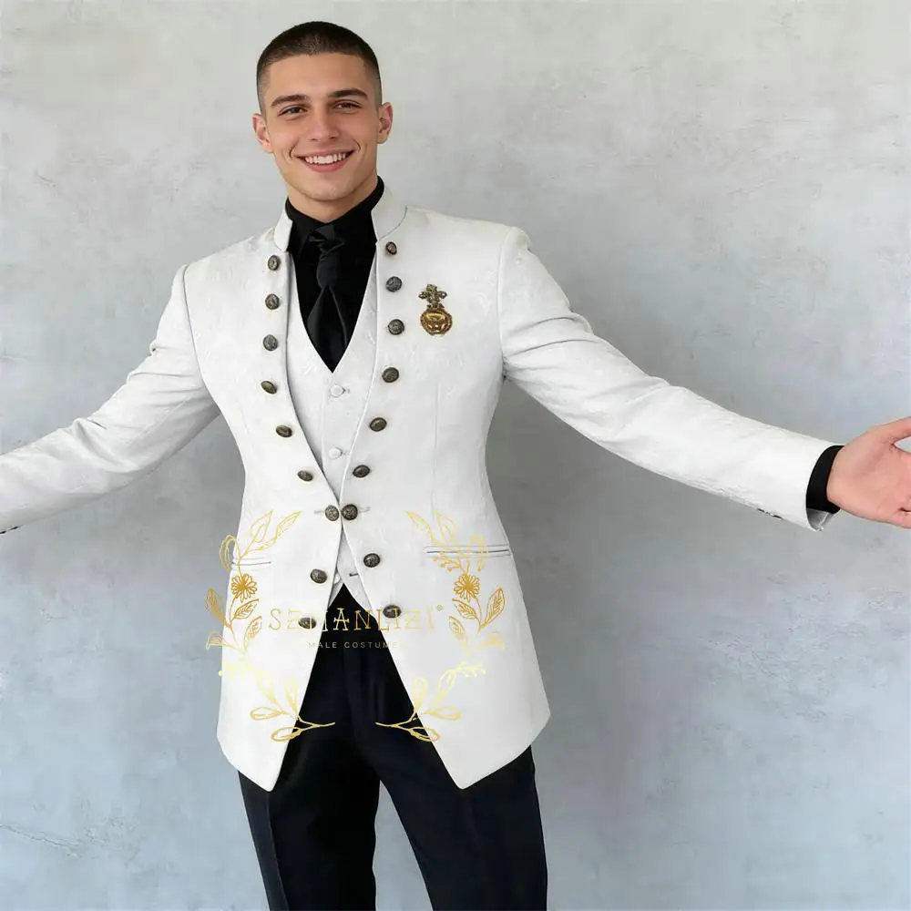 

White Floral Men's Suits 3 Pieces Set Slim-fit Stand Lapel Blazer Vest Pants Wedding Groom Tuxedo Formal Party Men Suit