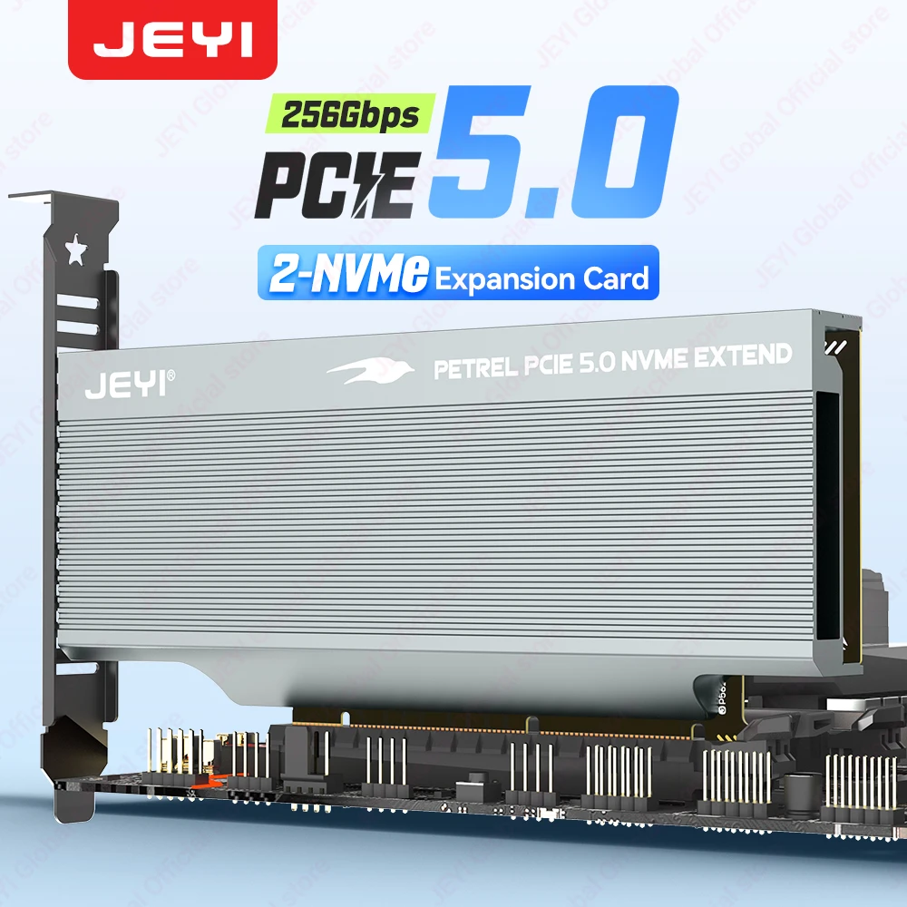 JEYI 2-Bay M.2 NVME SSD PCIe 5.0 X16 Expansion Card 256Gbps with Heatsink Supports 2280/60/42/30 SSD Support Bifurcation & RAID