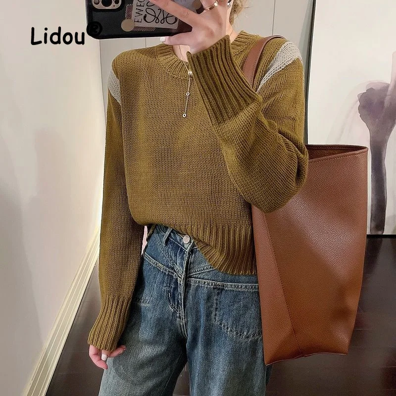 

Vintage Fashion Color Contrast Pullover Knitting Shirt Women Autumn Long Sleeve Interior Lapping O-collar All-match Sweaters