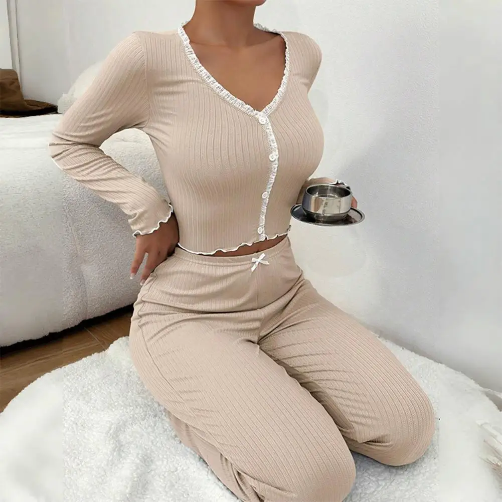 

Women Pajamas Elegant Lace Trim Pajama Sets for Women Ribbed Knit Crop Top Wide Leg Pants Lounge Set Long Sleeve Nightwear