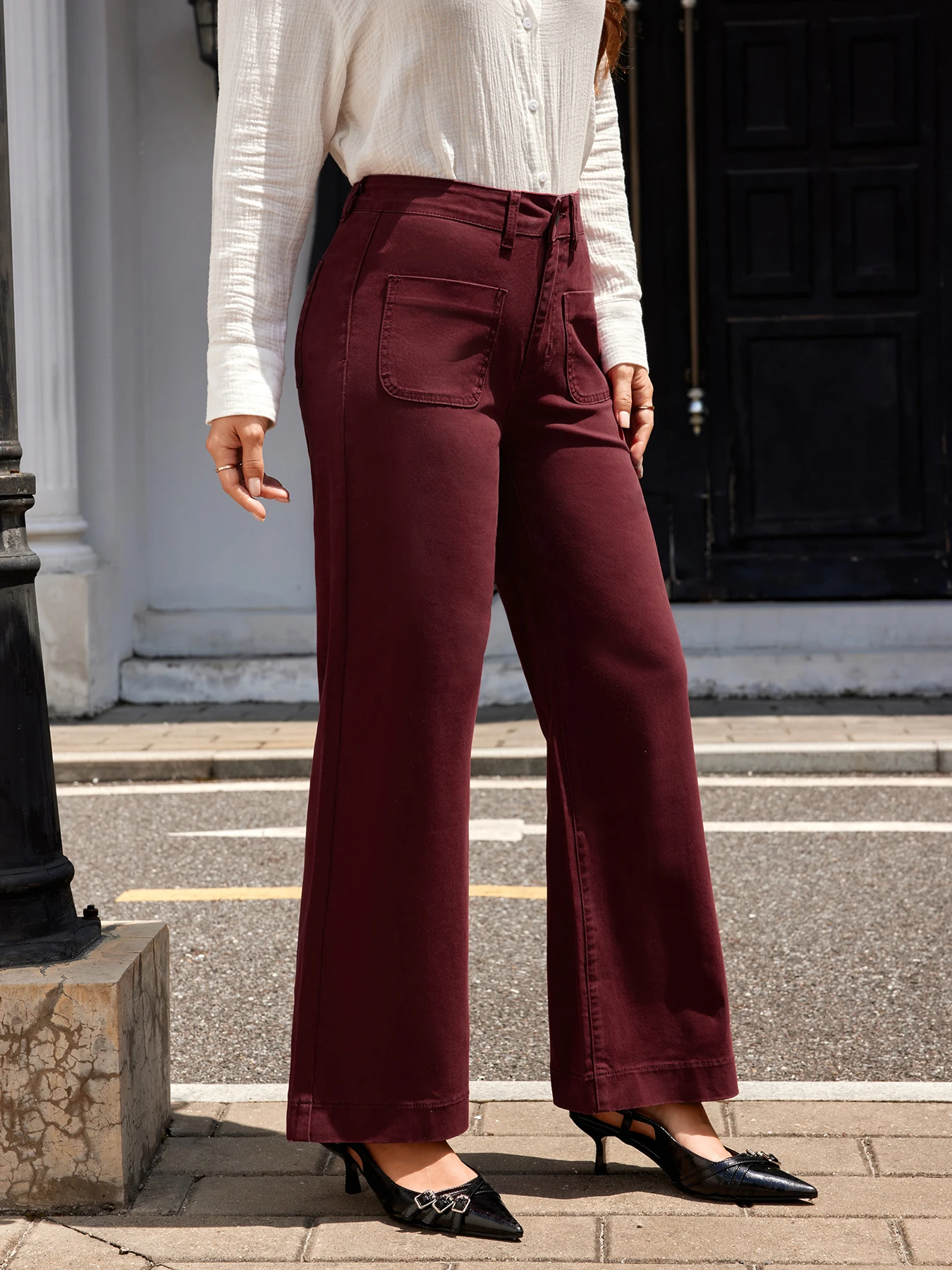 بنطال جينز نسائي مطاطي من القطن باللون الأحمر الخمري، طراز واسع الساق، عصري ومتعدد الاستخدامات وأنيق ومطاط متوسط الارتفاع مستقيم