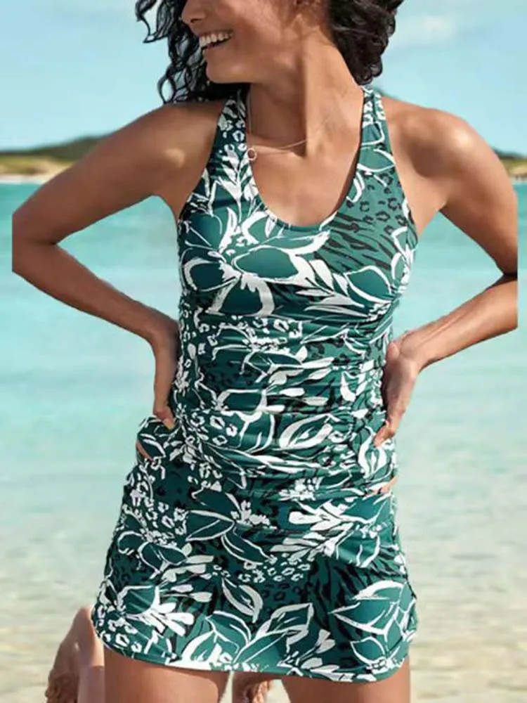 2023 Damen bedruckte einteilige Badeanzüge Camo Kordel zug Bikini Rock Stil enge sexy Bade bekleidung Strand Outfits Push-up Beach wear