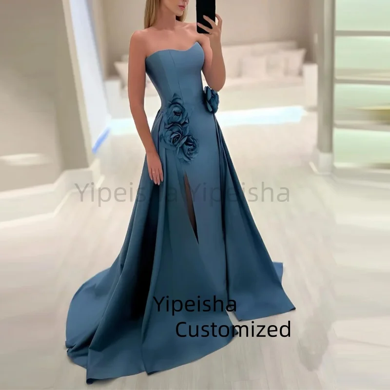 

Customized Grey-Blue Strapless A-Line Prom Dresses 2025 3d Flower Elegant Women Party Dress Formal Gowns For Women Sweep Train