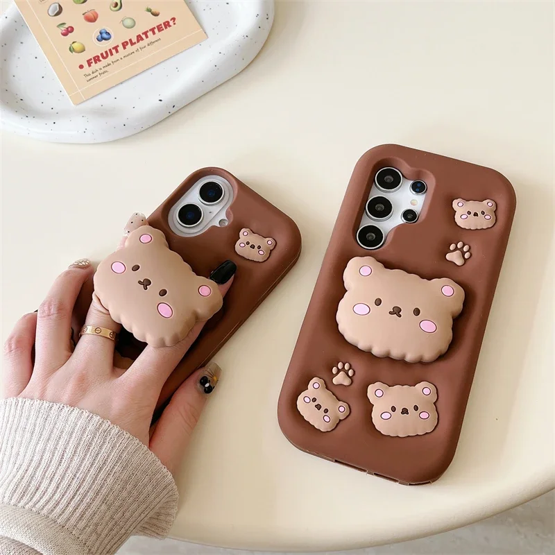 Para Samsung Galaxy A16 A26 A36 A56 A15 A25 A35 A55 A14 A24 A54 funda Rilakkuma Bear 3D agarre de dibujos animados Tok titular cubierta de silicona