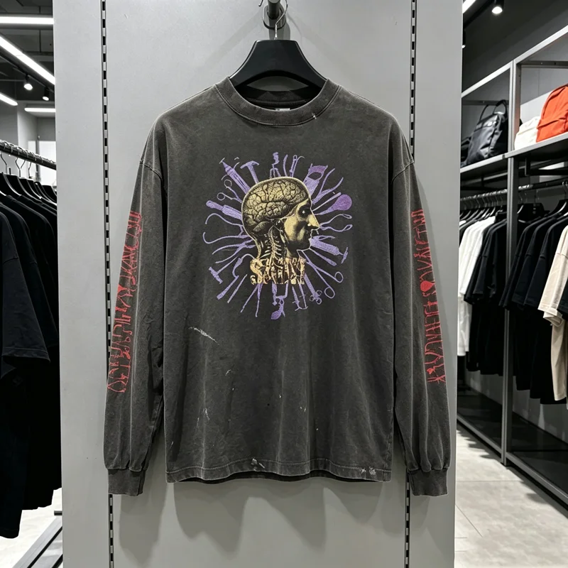 Water Washed SAINT Art Surgery Print T Shirt Men Women High Quality High Street Loose Distressed Long Sleeve T-shirt Tops Tee