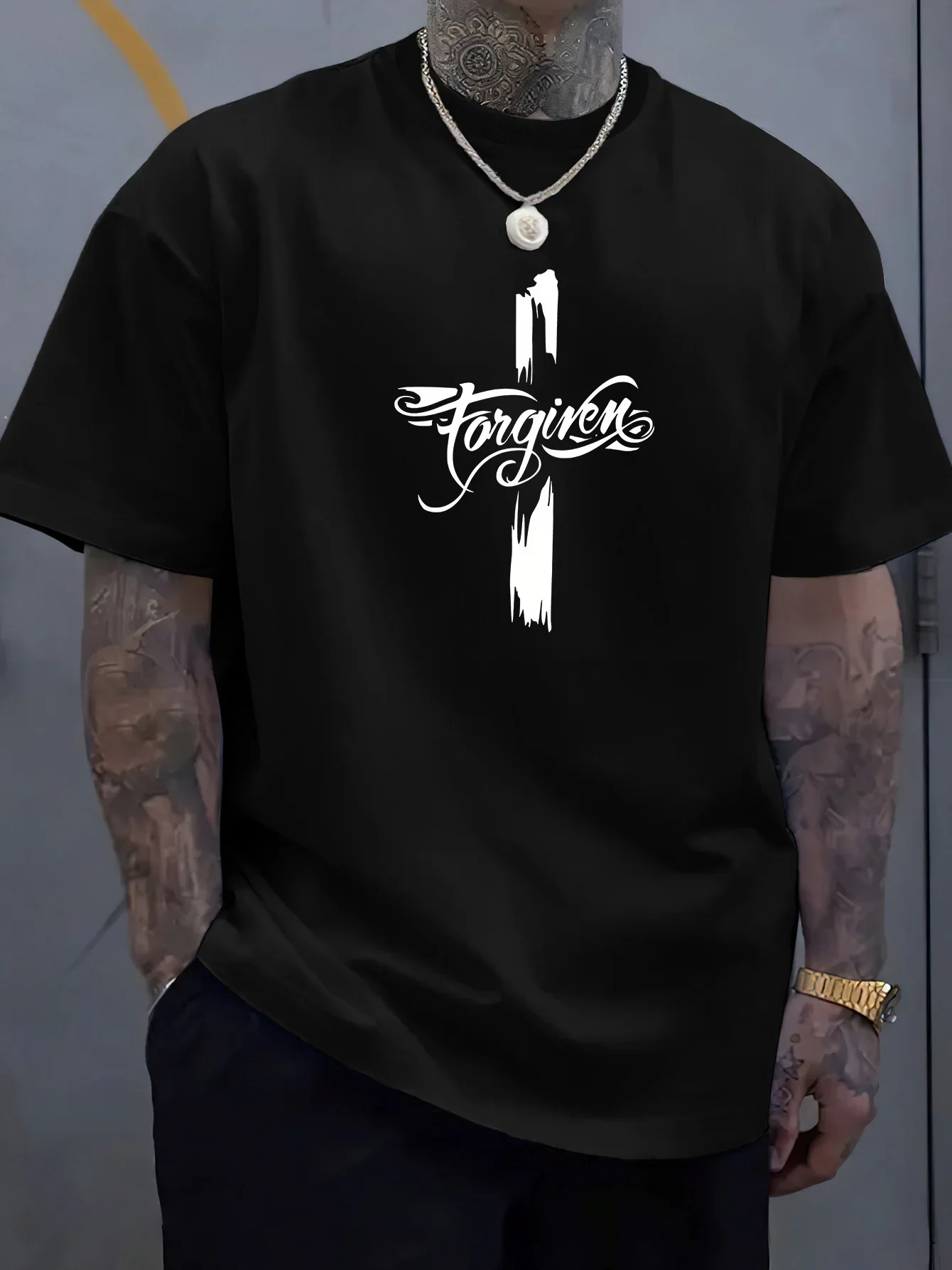 

Simple design Jesus Christian cross print T-shirt for men, 100% pure cotton, comfortable, casual and breathable summer T-shirt