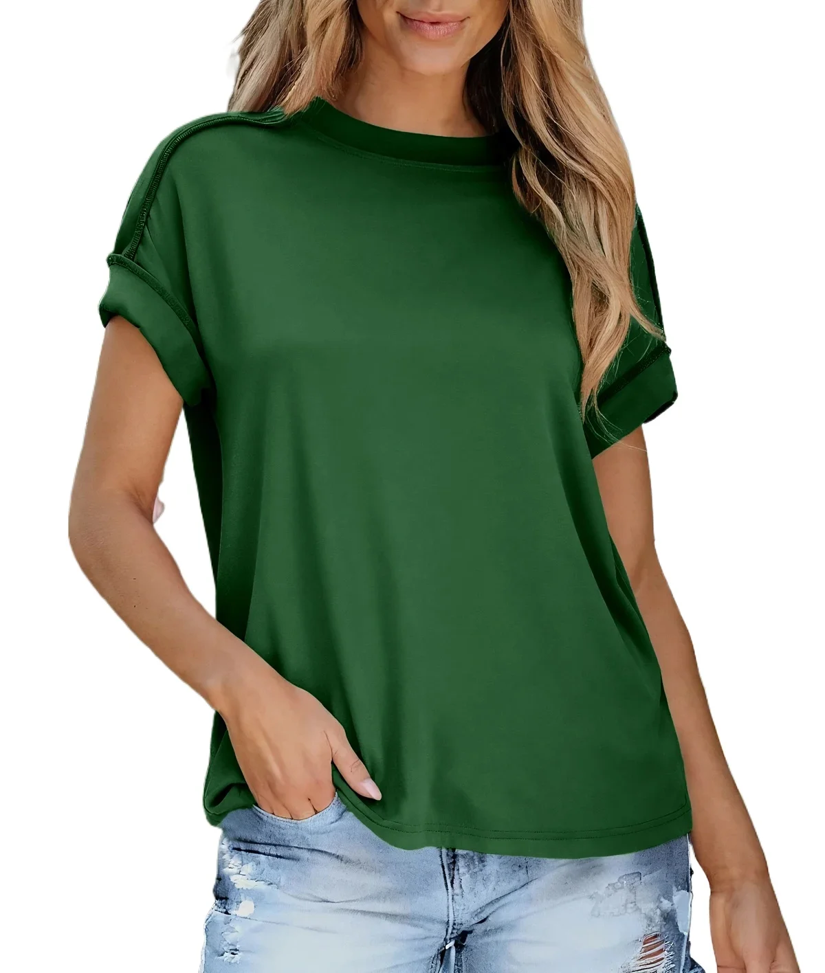 Summer Women Green Short Sleeve T-shirt Round Neck Loose Casual Rolled Sleeve Soft Basic Tops Streetwear Daily Outfits