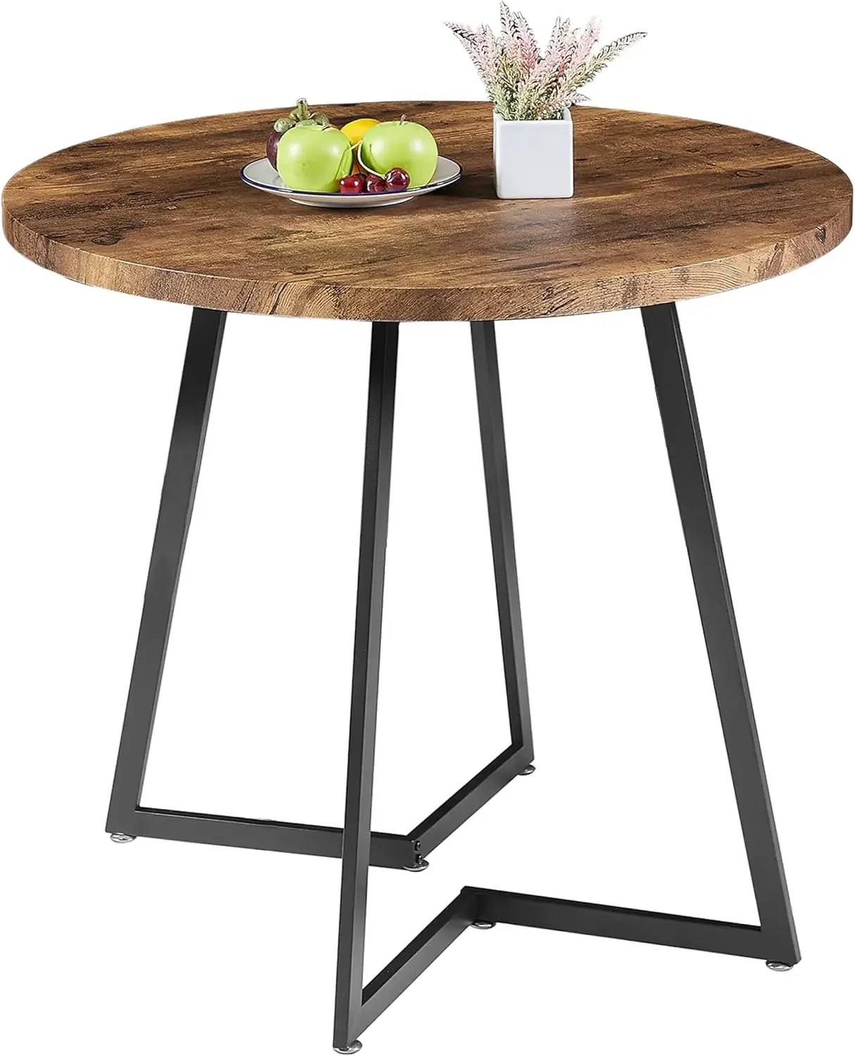 Round Dining Table with Wood Grain Tabletop and Steel Frame, for Kitchen, Living Room, Office, Conference, 2 to 4 Person,