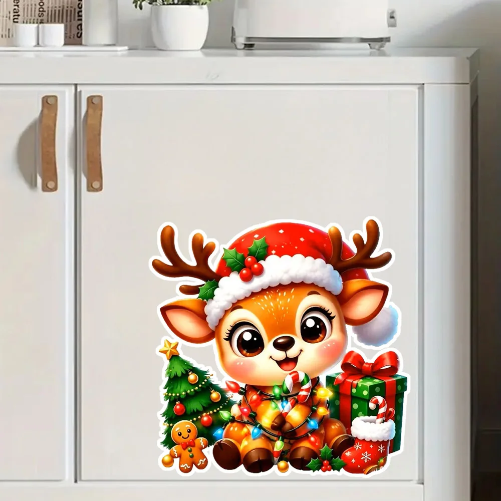 OZ3942#Christmas Elk Gift Box Gingerbread Man,Decal Stickers, Art Wall Decal For Home, Cabinet, Refrigerator, Door, Toilet