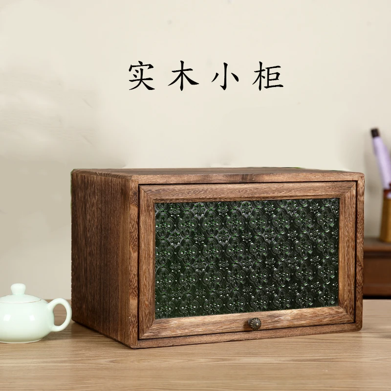 

Solid Wood Desktop Lattice Cabinet Free Combination Storage Cabinet Glass Door Retro Flat Push Type Sundries Storage Cabinet