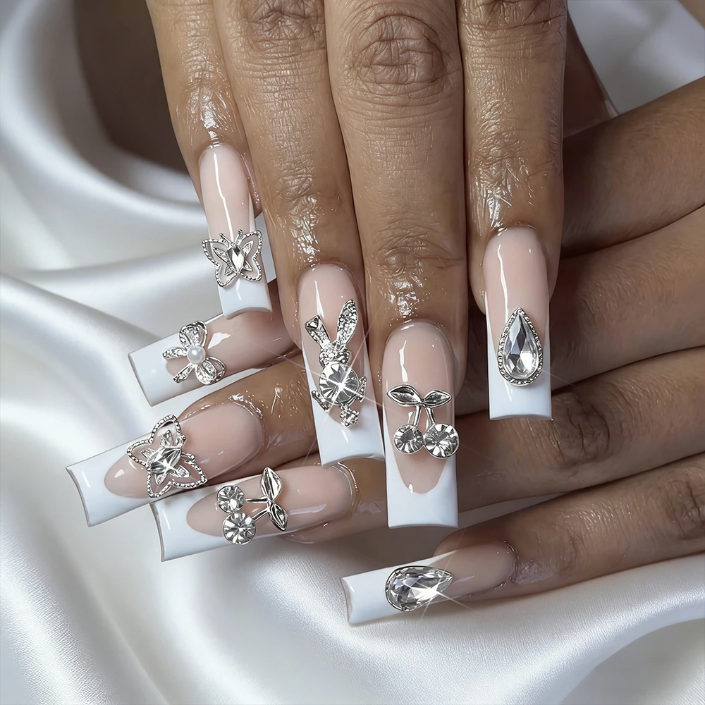 30Pcs Silver Alloy Rabbit Nail Charms Pearl Clear Heart Waterdrop Diamond Nail Decoration Hollow Butterfly Rhinestone Nail Parts