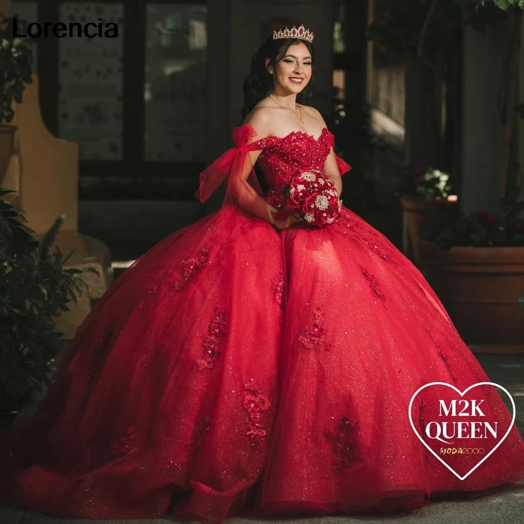 

Lorencia Shiny Mexican Red Quinceanera Dress 2024 Ball Gown Lace Sequins Applique Beading Sweet 16 Vestidos De 15 Años YQD904