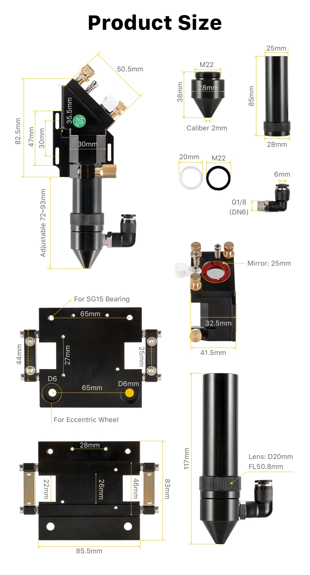 Cloudray Neue Ankunft CO2 Laser Kopf für Dia.20mm FL 50.8/63,5mm Objektiv D25mm Spiegel Außen Slider Typ mit air Assist Düse – Detail 3