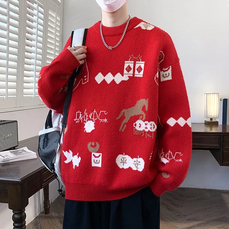 

Красный вязаный свитер с круглым вырезом, утепленный, модный, повседневный, зимний, новогодний, мужская одежда, мягкий, из смеси полиэстера и нейлона