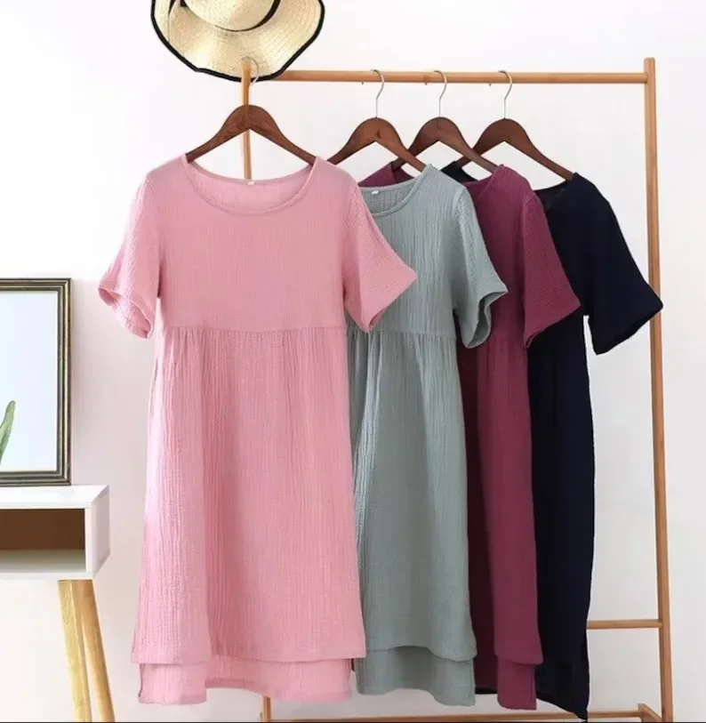 Women's Short Sleeve Muslin Dresses 100% Cotton Gauze Casual Loose Party Holiday Beach Summer Elegant Streetwear Outifts Mujer