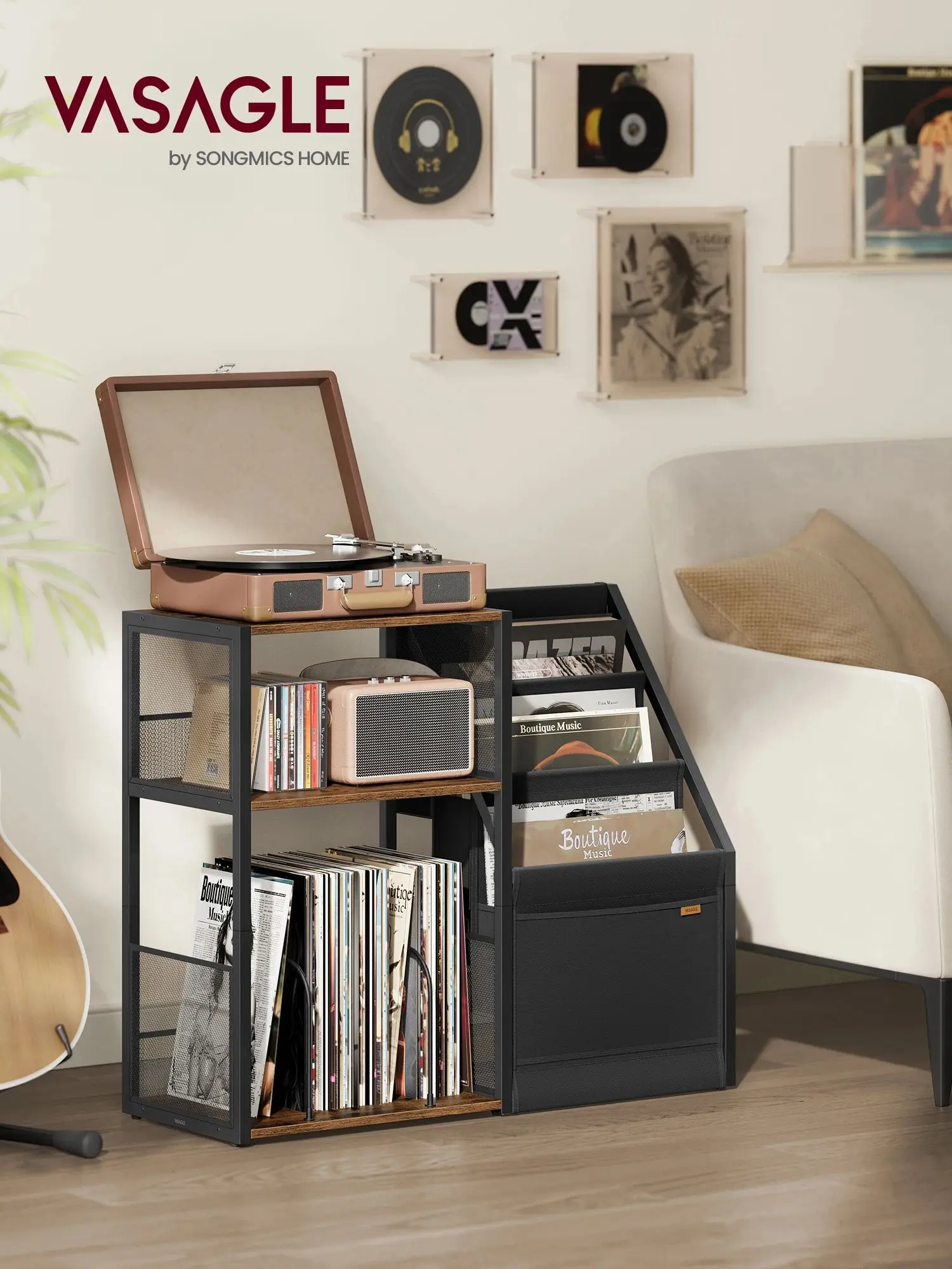 VASAGLE bijzettafel, draaitafelstandaard, 3-verdiepingen, bijzettafel, vinylplaten - afbeelding 2