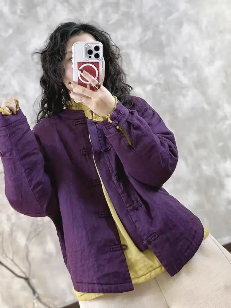 

Thiened Cotton Jaet with Button for Women Winter Warm Retro Sle Chinese Zen Sle Buttoned Coat Long Sve Stand Collar