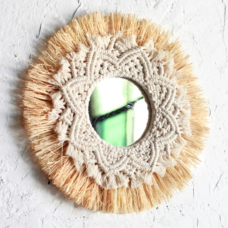 Nordic Straw Woven Hotel Bed and Breakfast Wall Boho Decor Handwoven Mirror Wall Decoration Macrame Decorative Mirror