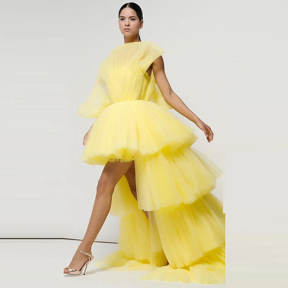 Eleganckie żółte sukienki z tiulu dla kobiet, unikalny dekolt, jedno ramię, warstwowa, asymetryczna sukienka na urodziny lub sesję zdjęciową.