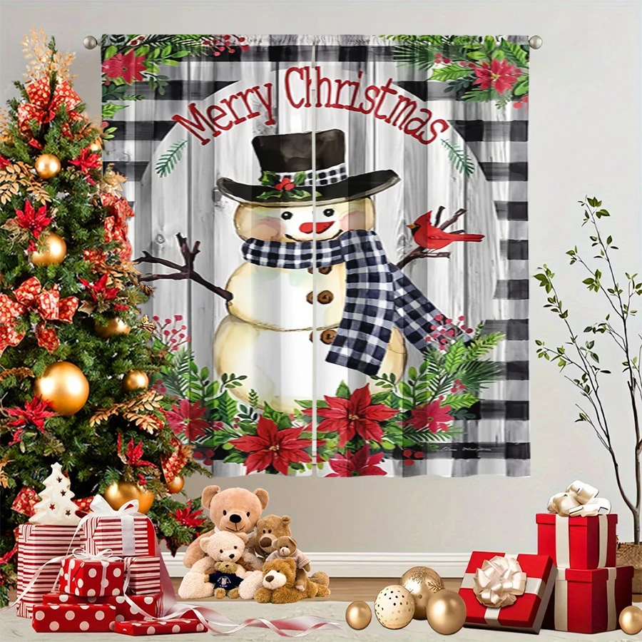 2PCS Christmas Winter Curtains, Plaid Snowman Hat Scarf Poinsettia Robin Wood, Digital Print, Bedroom Living Room, Home Decor