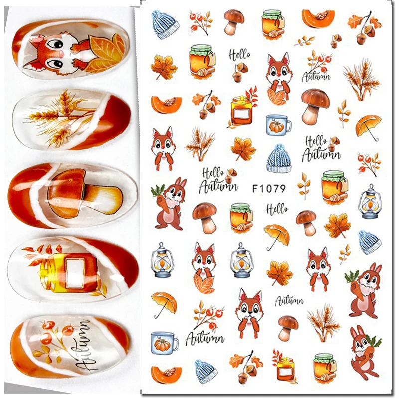 3d Nail Art Stickers Autumn Pumpkin Chestnut Mushroom Maple Leaves Adhesive Sliders Decals For Nails Tips Decorations Manicures