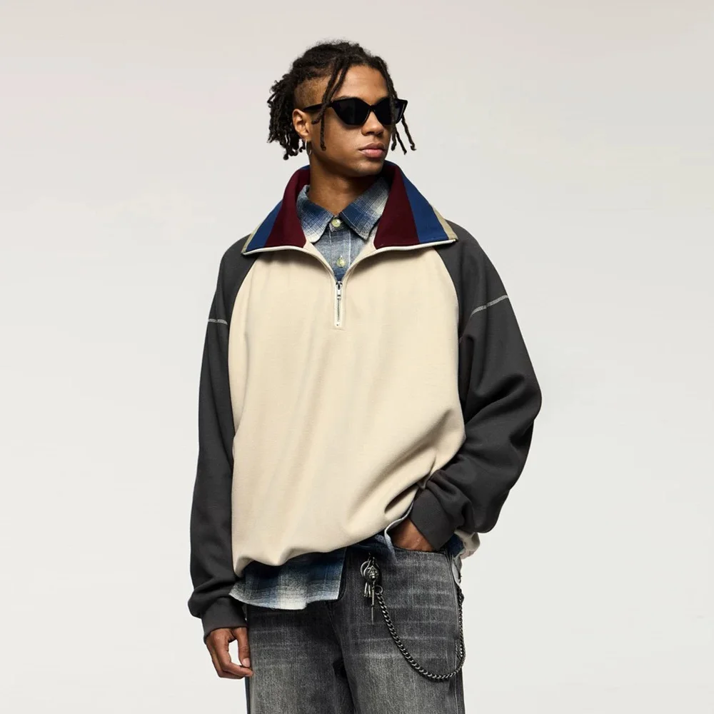 Men Rainbow Stand Collar Streetwear Brand Fashion Loose Casual Zipper Pullover Sweatshirts Women Oversize Hoodie Tops Sweatshirt