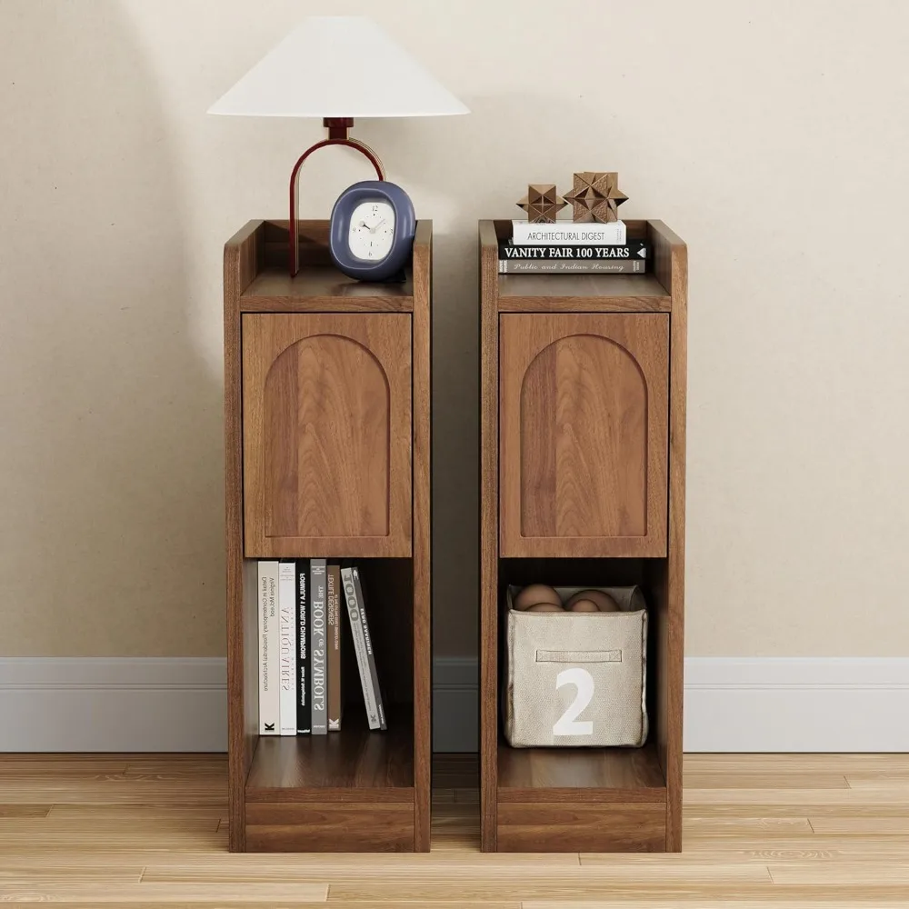 

Narrow Nightstands Set of 2, Slim Bedside Tables with Raised Edge Top, Arched Drawer & Open Shelf, Modern Wooden, Customized