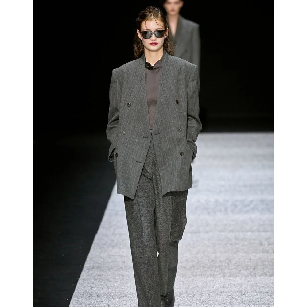 

Dark Gray Women's Oversized Striped Blazer & Wide-Leg Pants Set Minimalist V-Neck Double Breasted Suit for Office & Streetwear