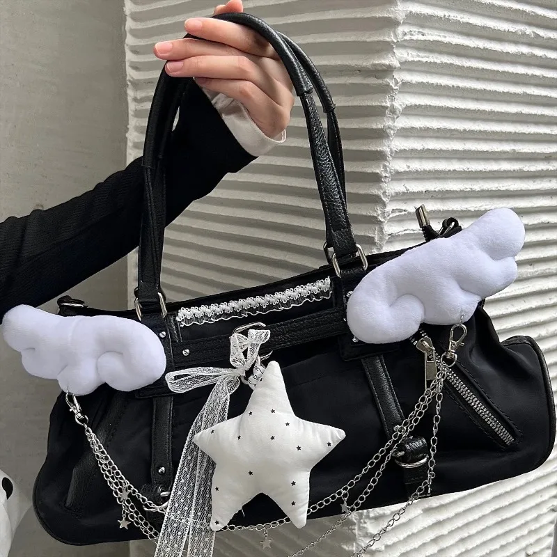 DoLife Store  Y2K Plush Wings Niche Chain Handbag Polka Dot Pentagram Lace Messenger Bag OOTD
