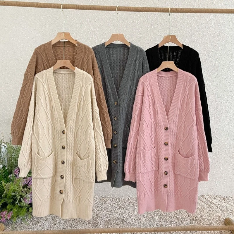 

Versatile medium length knitted cardigan for women's autumn and winter new Japanese Fried Dough Twists sweater loose coat