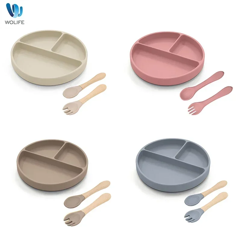 Baby 3pcs/set Safe Silicone Tableware Set Children Sucker Dining Plate Wood Fork and Spoon Kids Feeding Training Dishes BPA Free